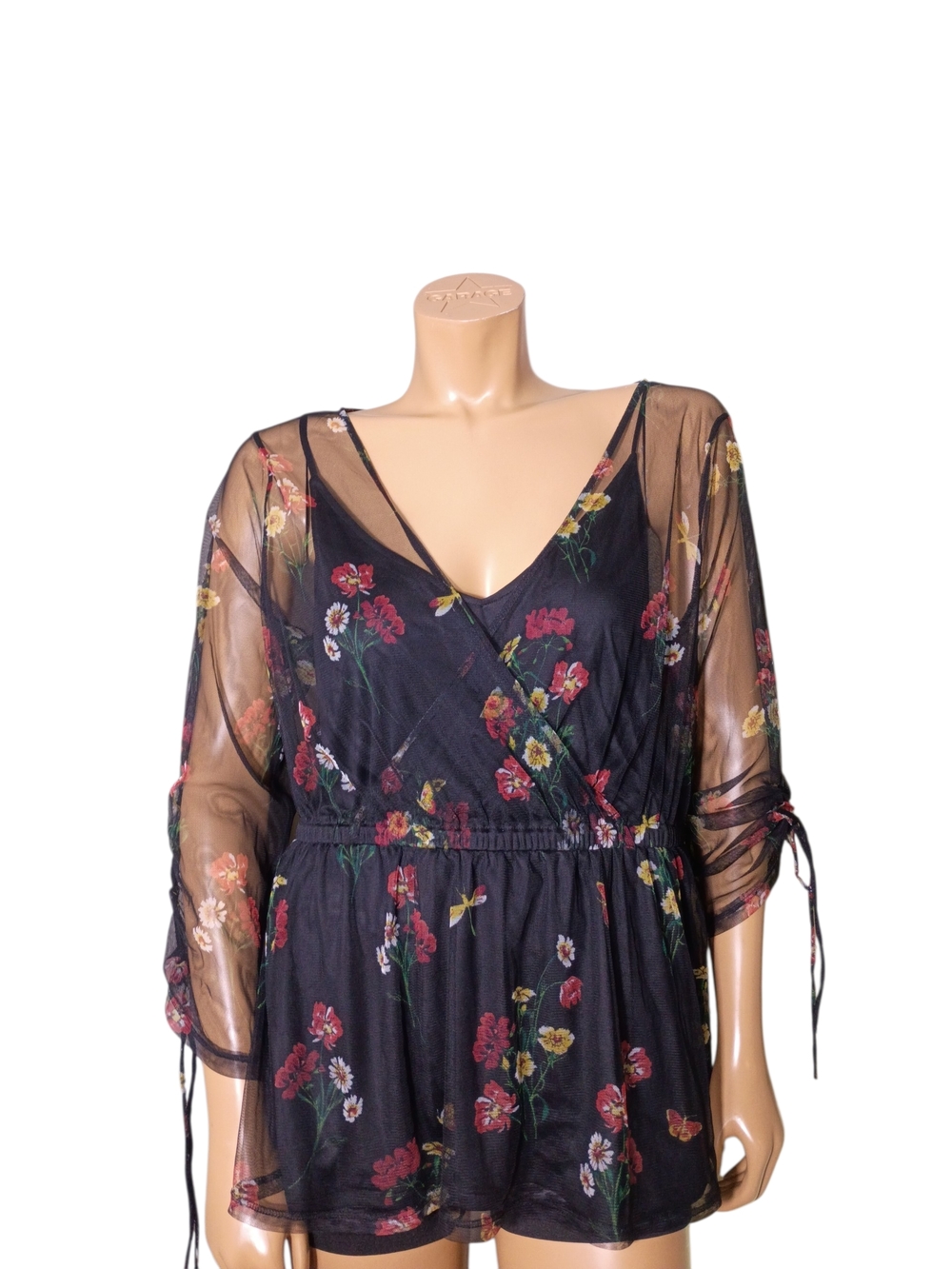 Express‎ Black Sheer Floral Wrap-Style Blouse